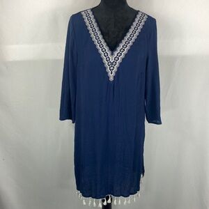 Kona Sol Navy Blue Embroidered Pool Cover with Tassels